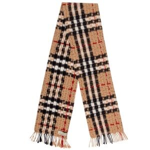 BURBERRY Glitter Tan Checkered Wool Scarf Woven Textured Fringe L: 56" x W: 14"